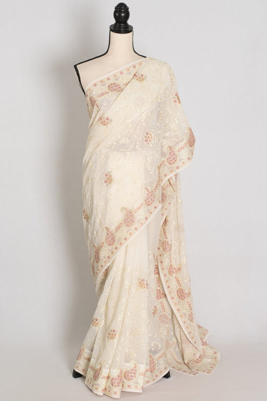 Shaba : Off-White Georgette Embroidered Cocktail Partywear Saree - Saree Mandi