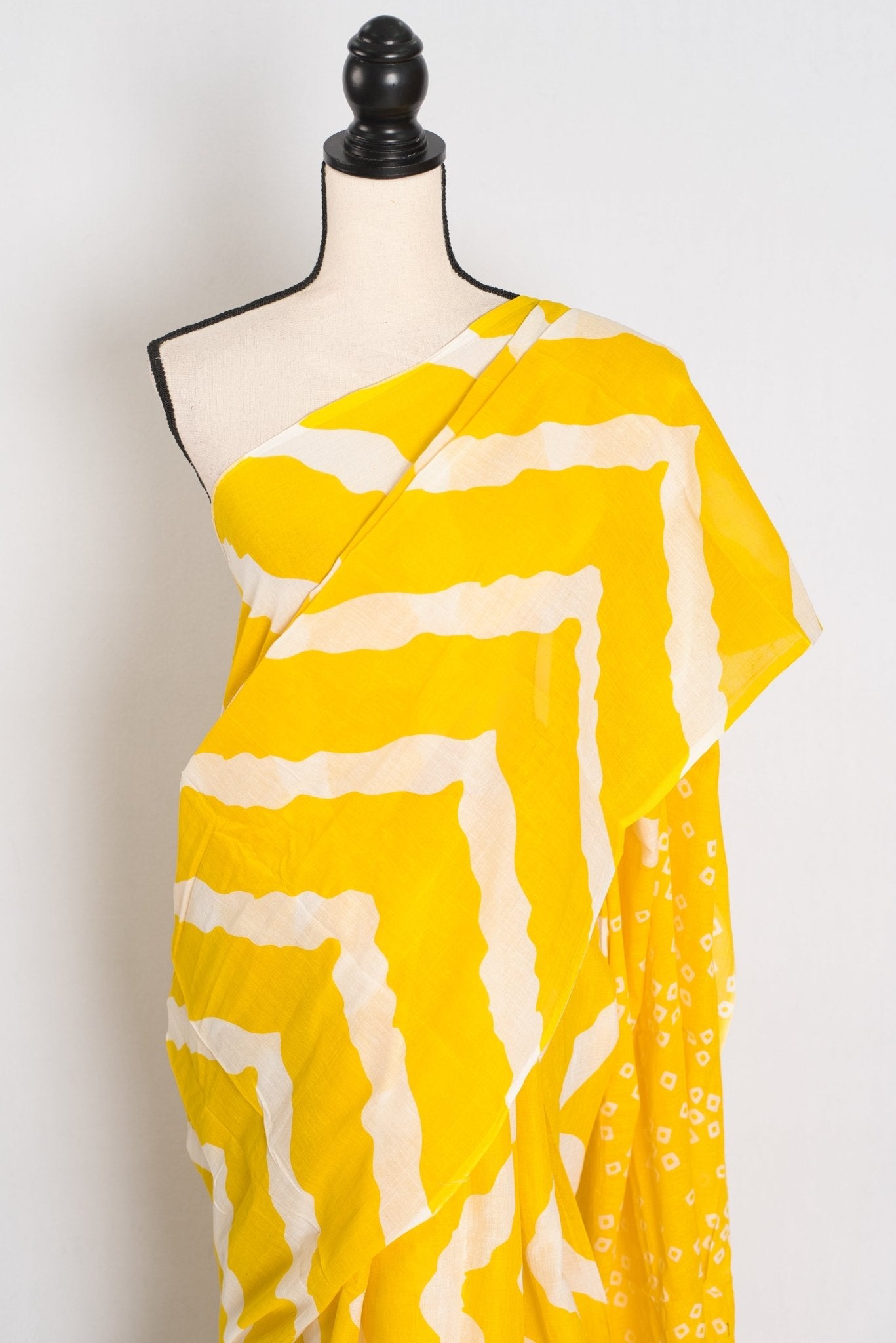 Shalini: Bright Yellow & White Contemporary Bengal Soft Mulmul Cotton Saree - Saree Mandi