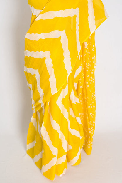 Shalini: Bright Yellow & White Contemporary Bengal Soft Mulmul Cotton Saree - Saree Mandi