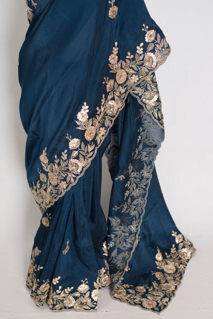 Shila: Blue Organza Silk Saree with Gota Patti & 38 Stitched Blouse - Saree Mandi