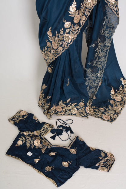 Shila: Blue Organza Silk Saree with Gota Patti & 38 Stitched Blouse - Saree Mandi