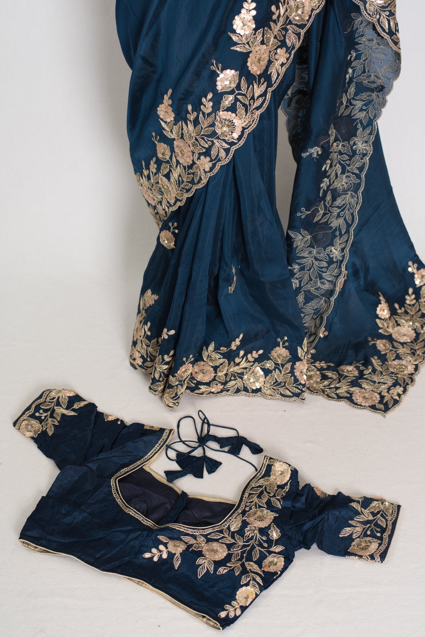 Shila: Blue Organza Silk Saree with Gota Patti & 38 Stitched Blouse - Saree Mandi
