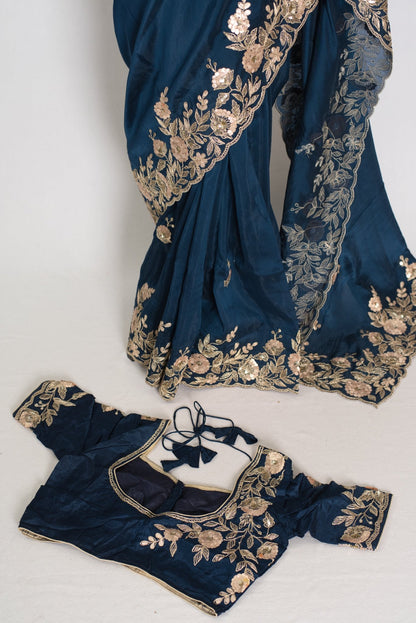 Shila: Blue Organza Silk Saree with Gota Patti & 38 Stitched Blouse - Saree Mandi