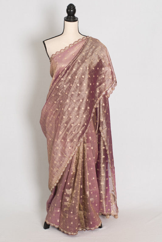 Shobha: Mauve Soft Tissue Saree with Hand Zardosi Embroidery | Partywear - Saree Mandi