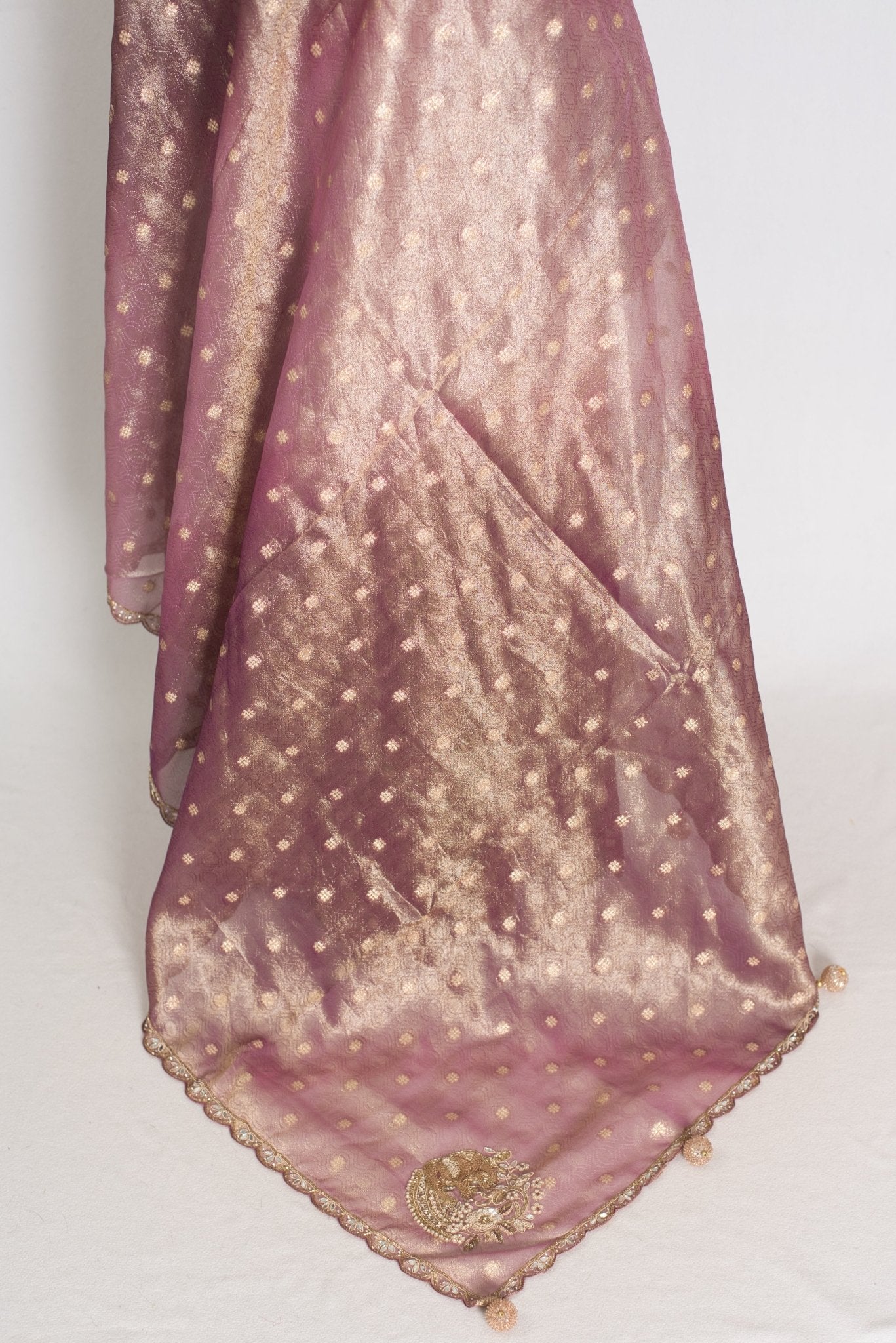 Shobha: Mauve Soft Tissue Saree with Hand Zardosi Embroidery | Partywear - Saree Mandi
