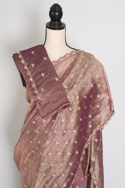 Shobha: Mauve Soft Tissue Saree with Hand Zardosi Embroidery | Partywear - Saree Mandi