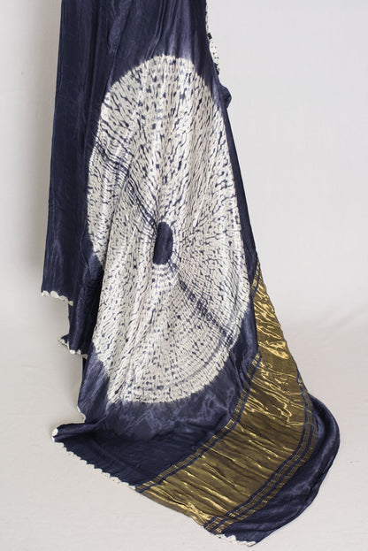 Sia: Bluish Grey Hand Shibori Modal Silk Designer Saree - Saree Mandi