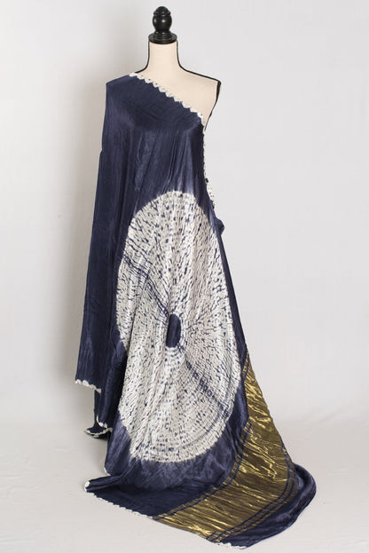 Sia: Bluish Grey Hand Shibori Modal Silk Designer Saree - Saree Mandi