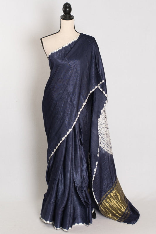 Sia: Bluish Grey Hand Shibori Modal Silk Designer Saree - Saree Mandi