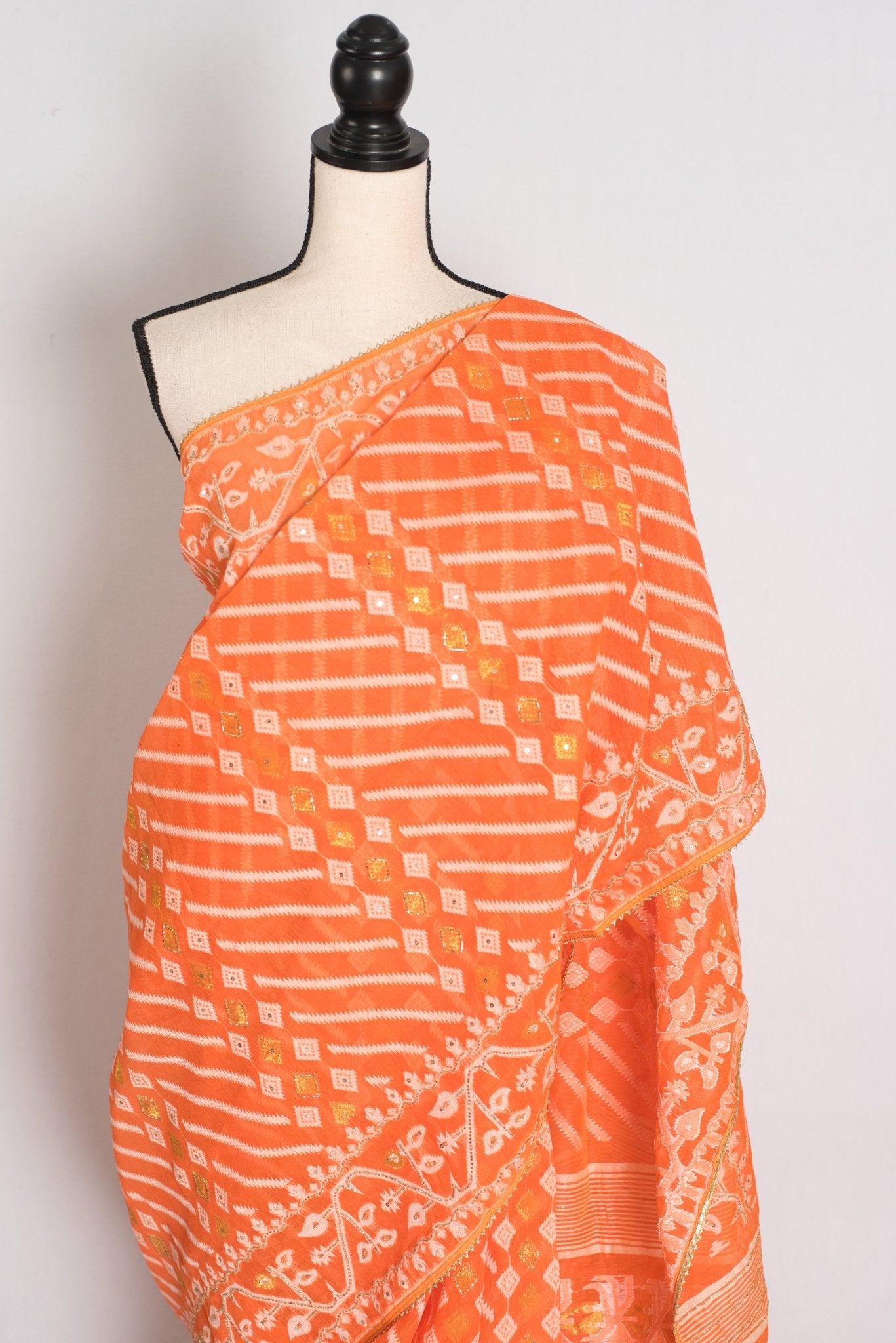 Sia : Festive Orange and White Blended Cotton Jamdani Saree with Hand Embroidery - Saree Mandi