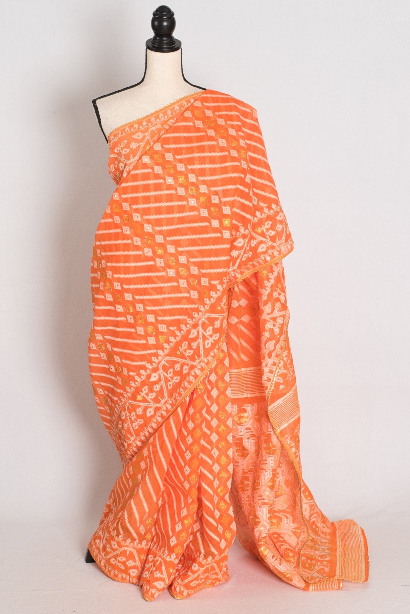 Sia : Festive Orange and White Blended Cotton Jamdani Saree with Hand Embroidery - Saree Mandi