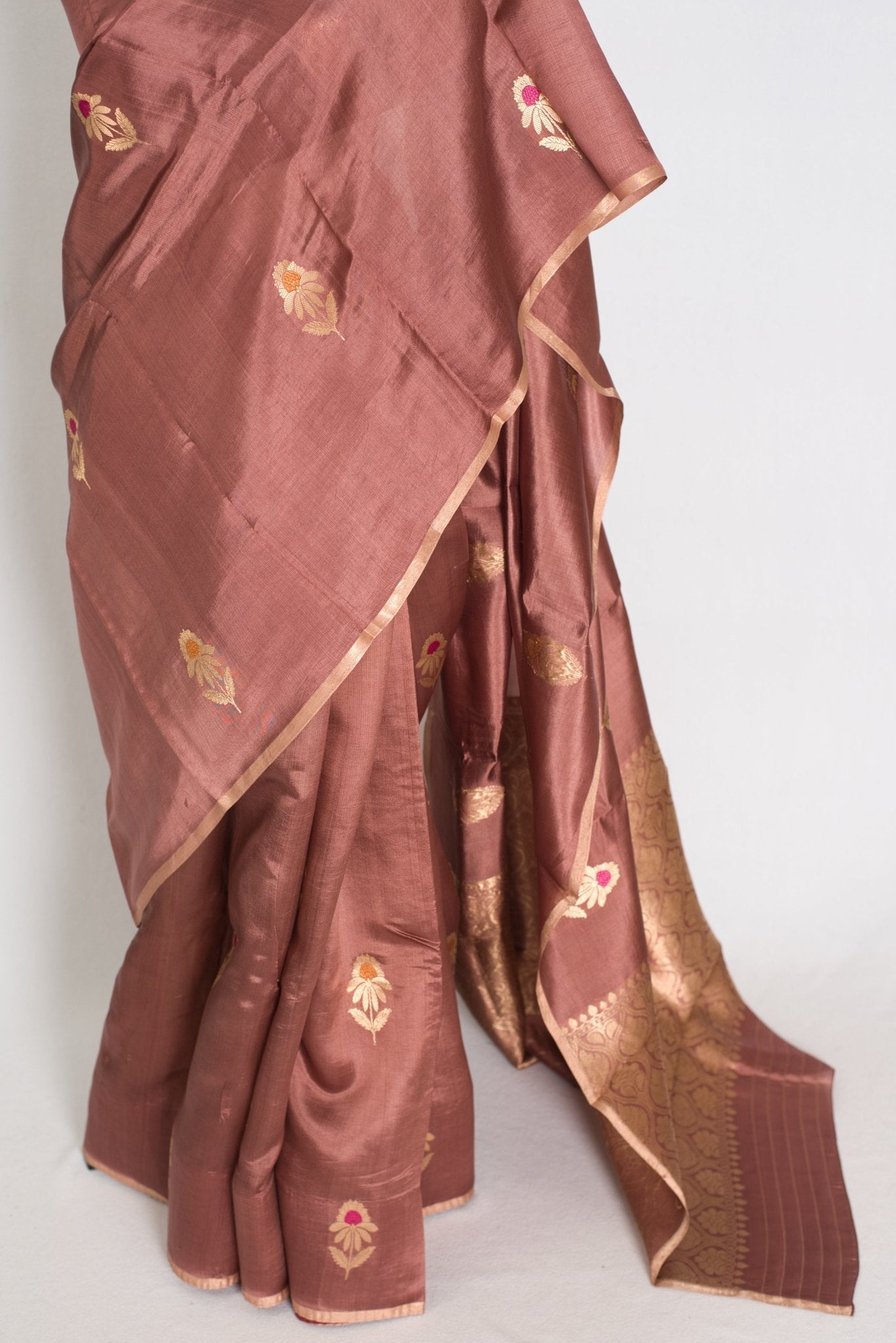 Sia: Silk Mark Certified Brown & Gold Katan Banarasi Saree - Saree Mandi
