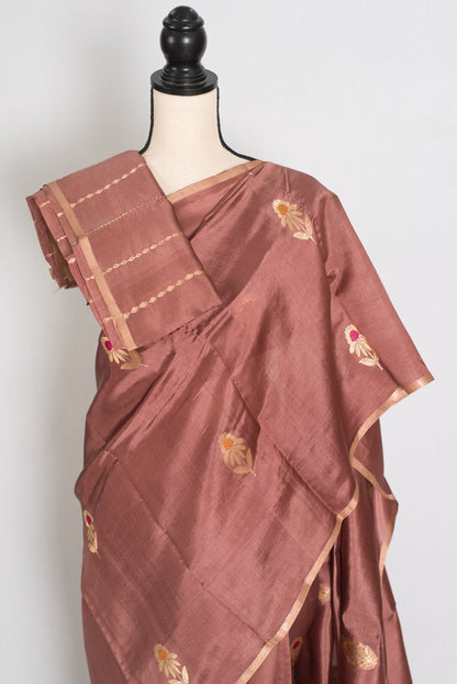 Sia: Silk Mark Certified Brown & Gold Katan Banarasi Saree - Saree Mandi