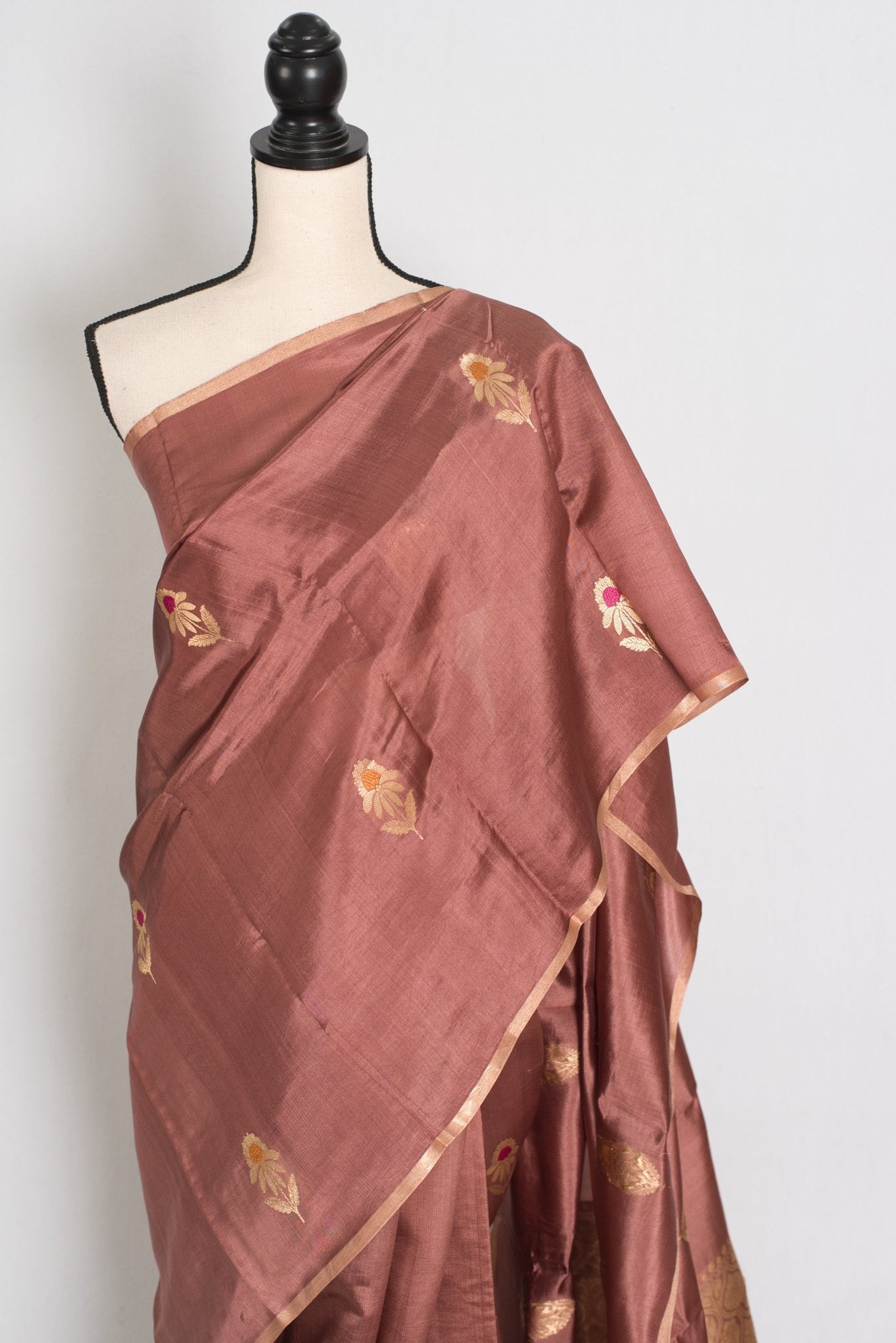Sia: Silk Mark Certified Brown & Gold Katan Banarasi Saree - Saree Mandi