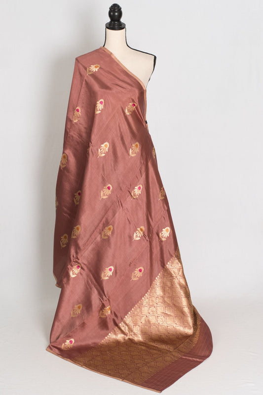 Sia: Silk Mark Certified Brown & Gold Katan Banarasi Saree - Saree Mandi