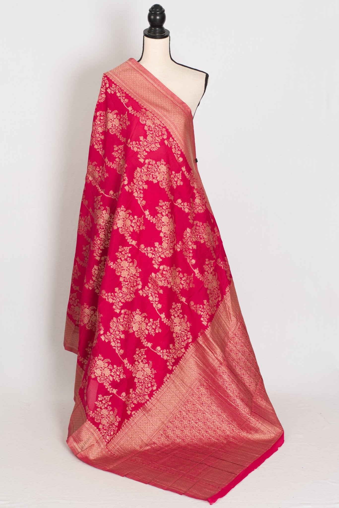 Siri: Rani Pink Semi Georgette Banarasi Saree with 42 Size Blouse - Saree Mandi