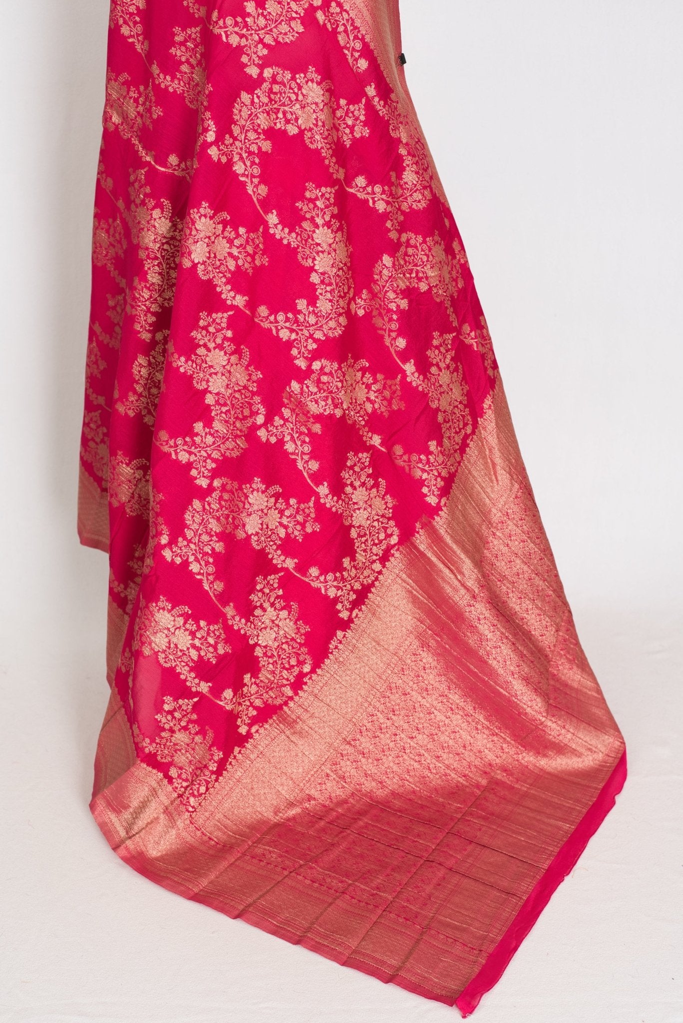 Siri: Rani Pink Semi Georgette Banarasi Saree with 42 Size Blouse - Saree Mandi