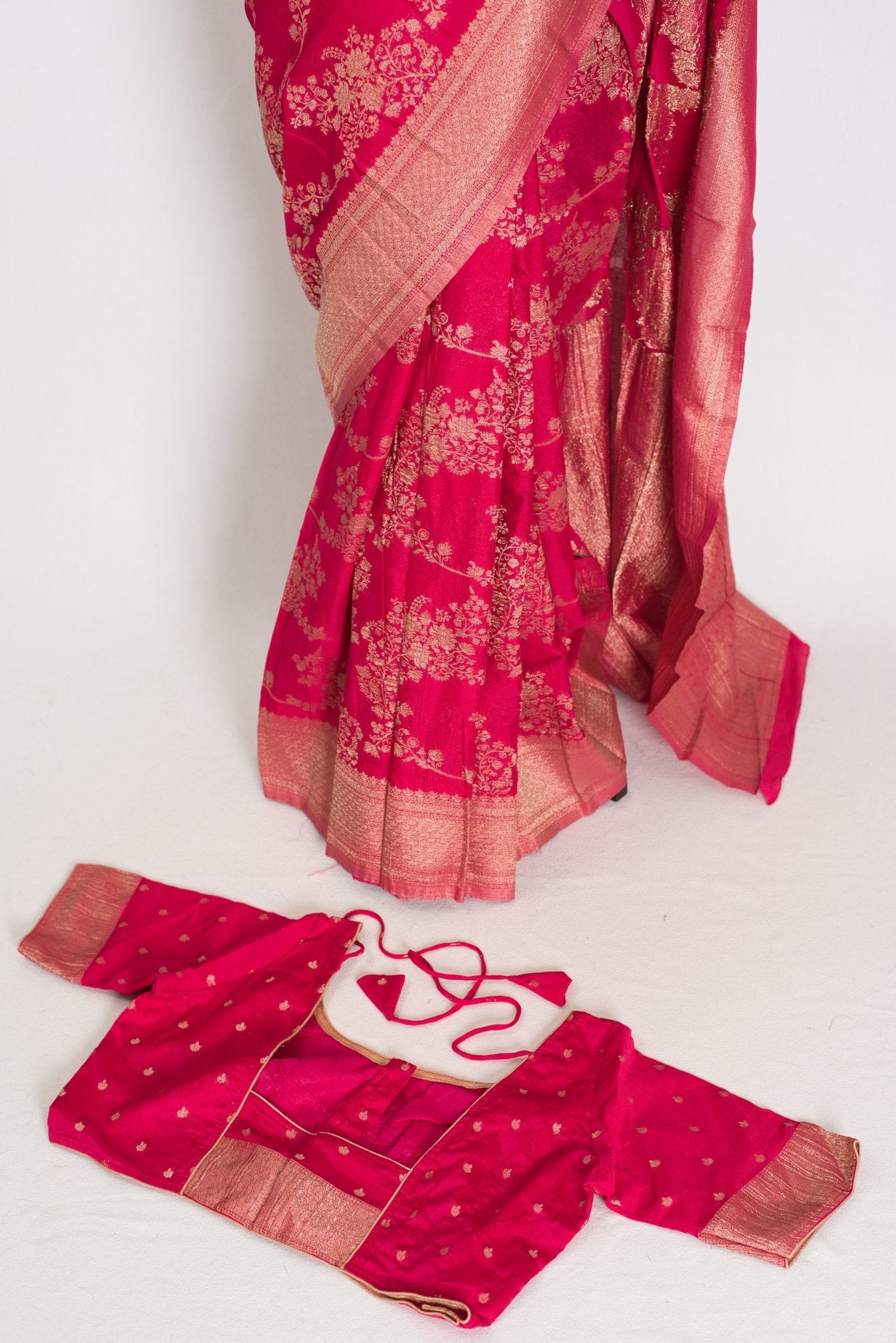 Siri: Rani Pink Semi Georgette Banarasi Saree with 42 Size Blouse - Saree Mandi