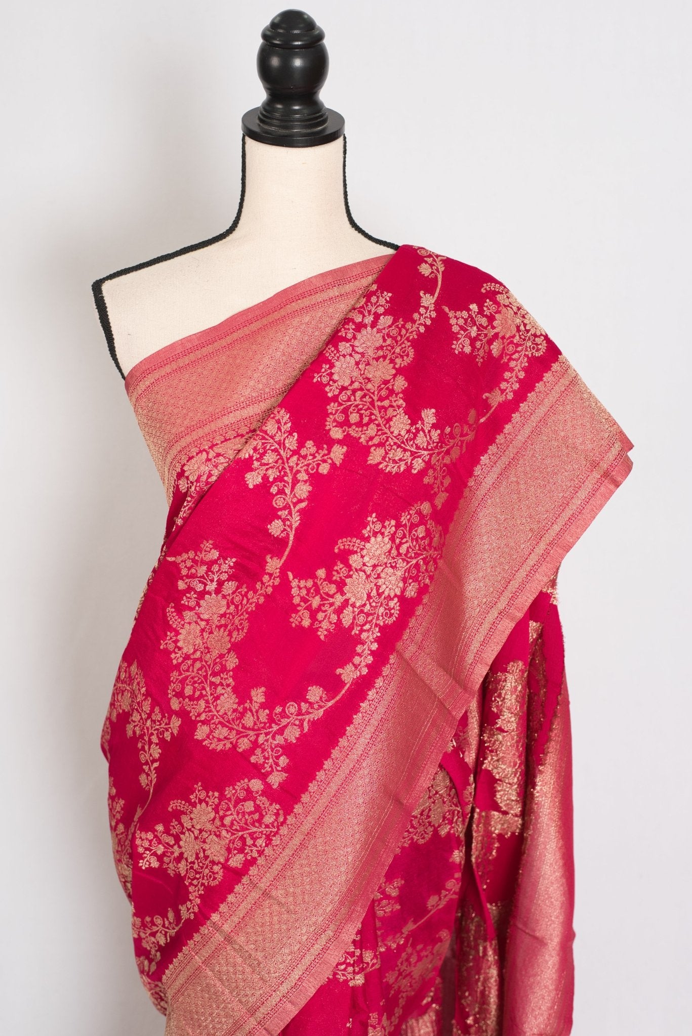 Siri: Rani Pink Semi Georgette Banarasi Saree with 42 Size Blouse - Saree Mandi