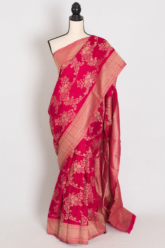Siri: Rani Pink Semi Georgette Banarasi Saree with 42 Size Blouse - Saree Mandi