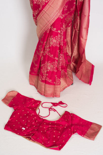 Siri: Rani Pink Semi Georgette Banarasi Saree with 42 Size Blouse - Saree Mandi
