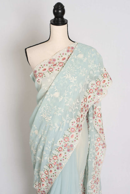 Siya : Cloud Gray Designer Georgette Embroidery Saree - Saree Mandi