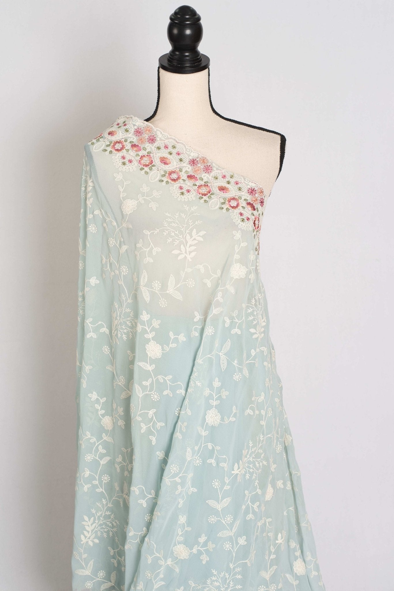 Siya : Cloud Gray Designer Georgette Embroidery Saree - Saree Mandi