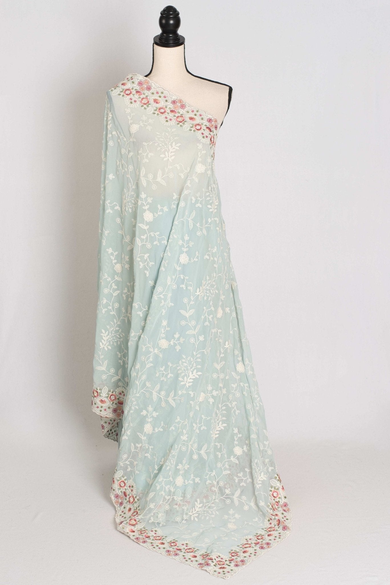 Siya : Cloud Gray Designer Georgette Embroidery Saree - Saree Mandi