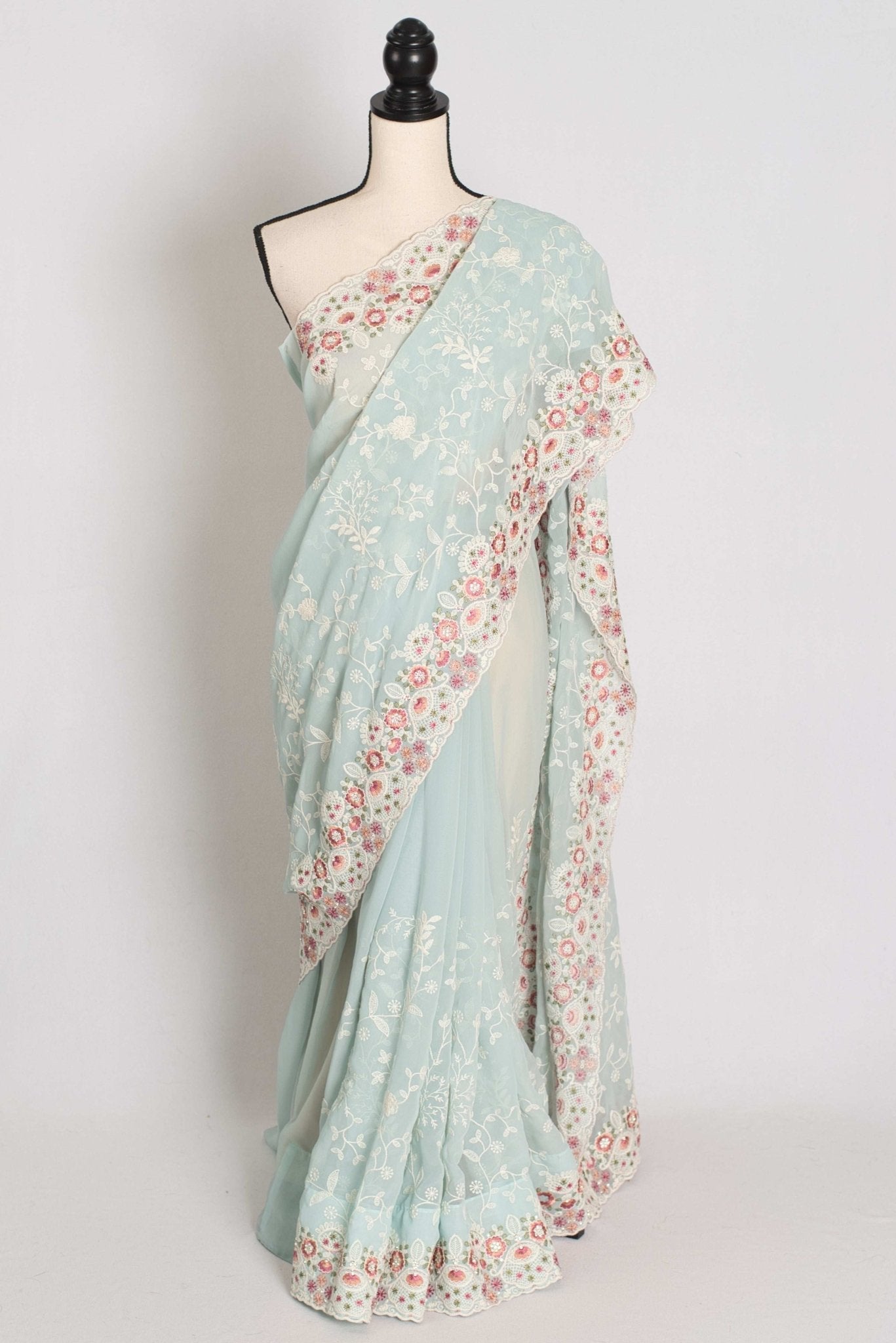 Siya : Cloud Gray Designer Georgette Embroidery Saree - Saree Mandi