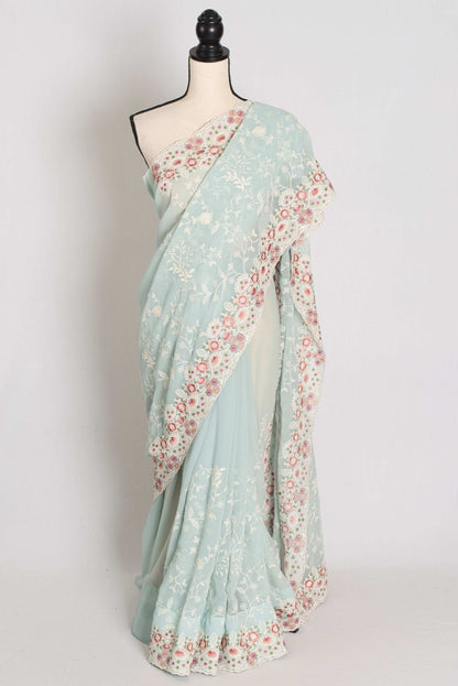 Siya : Cloud Gray Designer Georgette Embroidery Saree - Saree Mandi