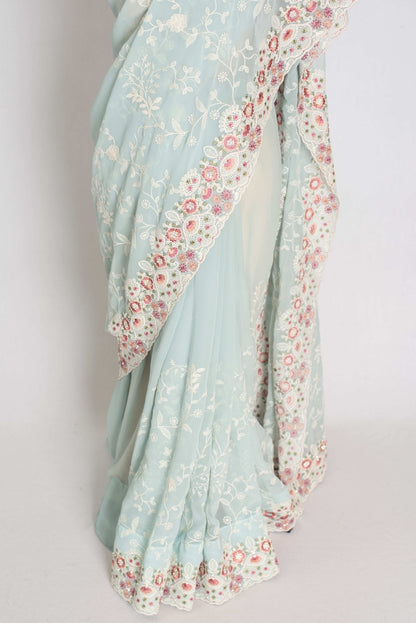 Siya : Cloud Gray Designer Georgette Embroidery Saree - Saree Mandi