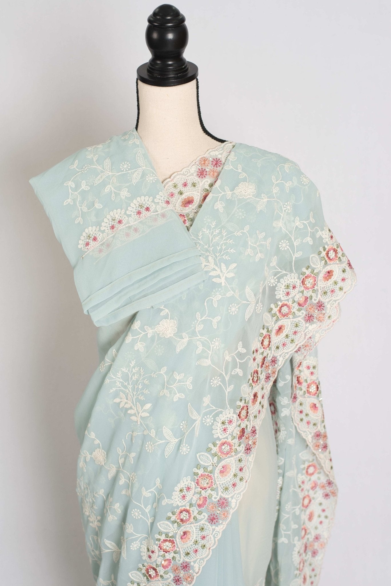 Siya : Cloud Gray Designer Georgette Embroidery Saree - Saree Mandi