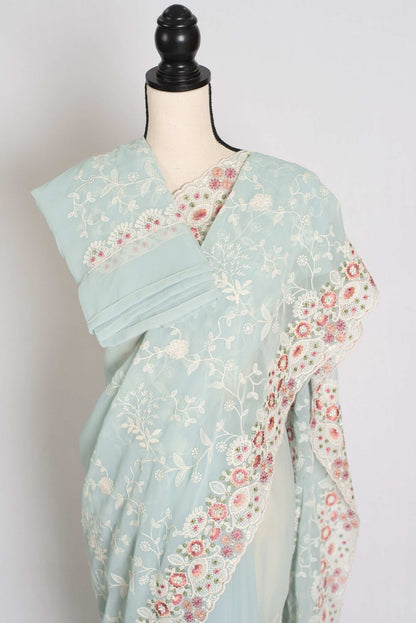 Siya : Cloud Gray Designer Georgette Embroidery Saree - Saree Mandi