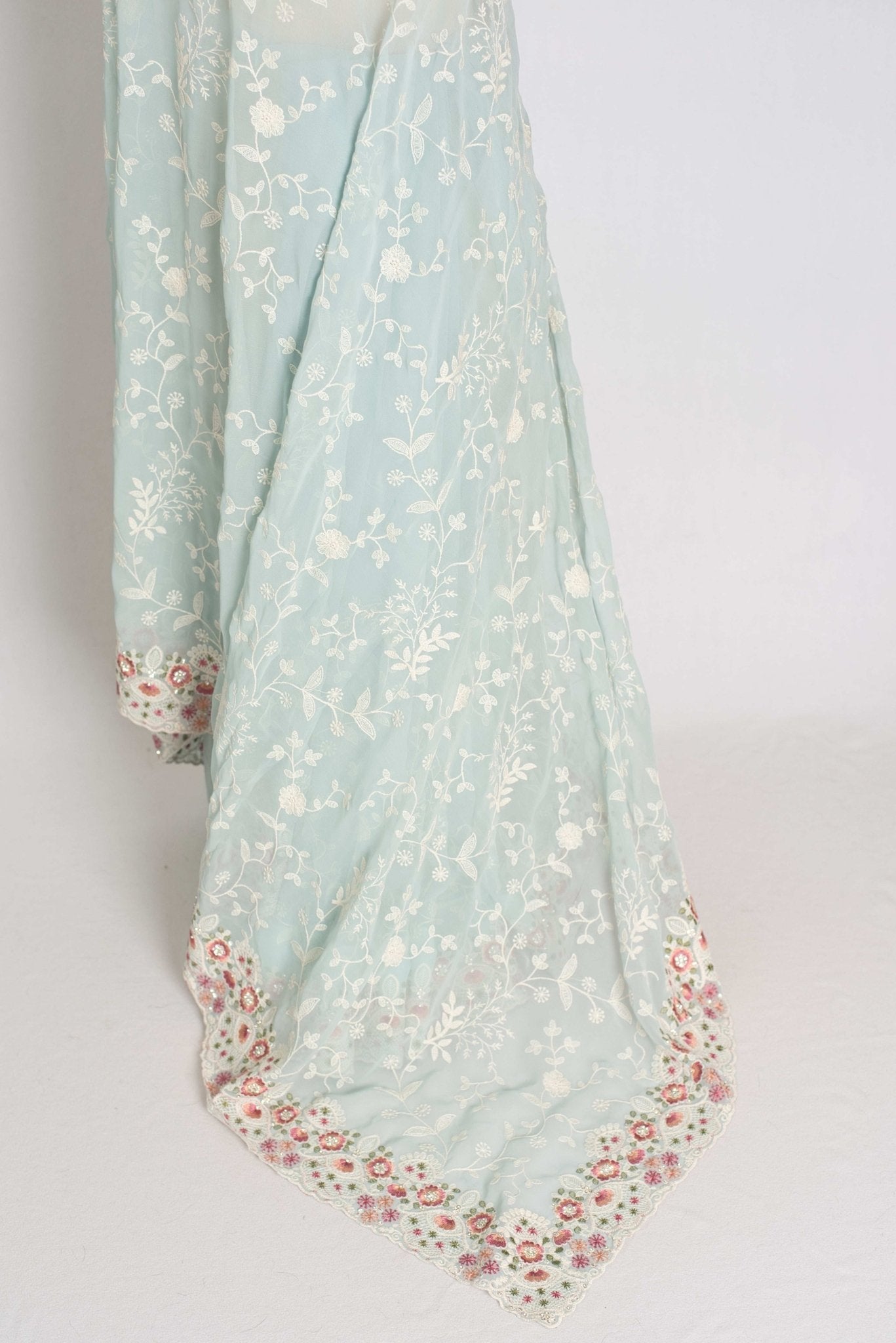 Siya : Cloud Gray Designer Georgette Embroidery Saree - Saree Mandi