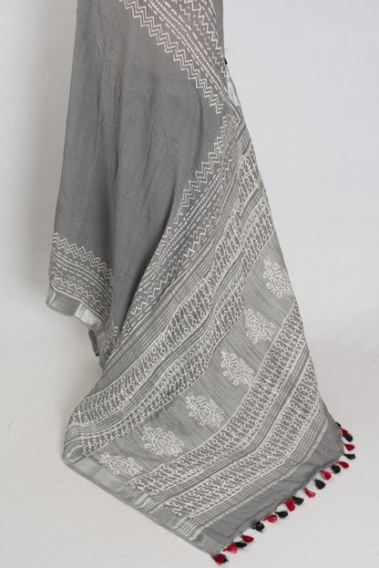 Snigdha: Grey and Silver Hand Block Printed Saree | Soft Linen Cotton - Saree Mandi
