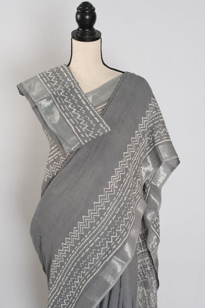 Snigdha: Grey and Silver Hand Block Printed Saree | Soft Linen Cotton - Saree Mandi