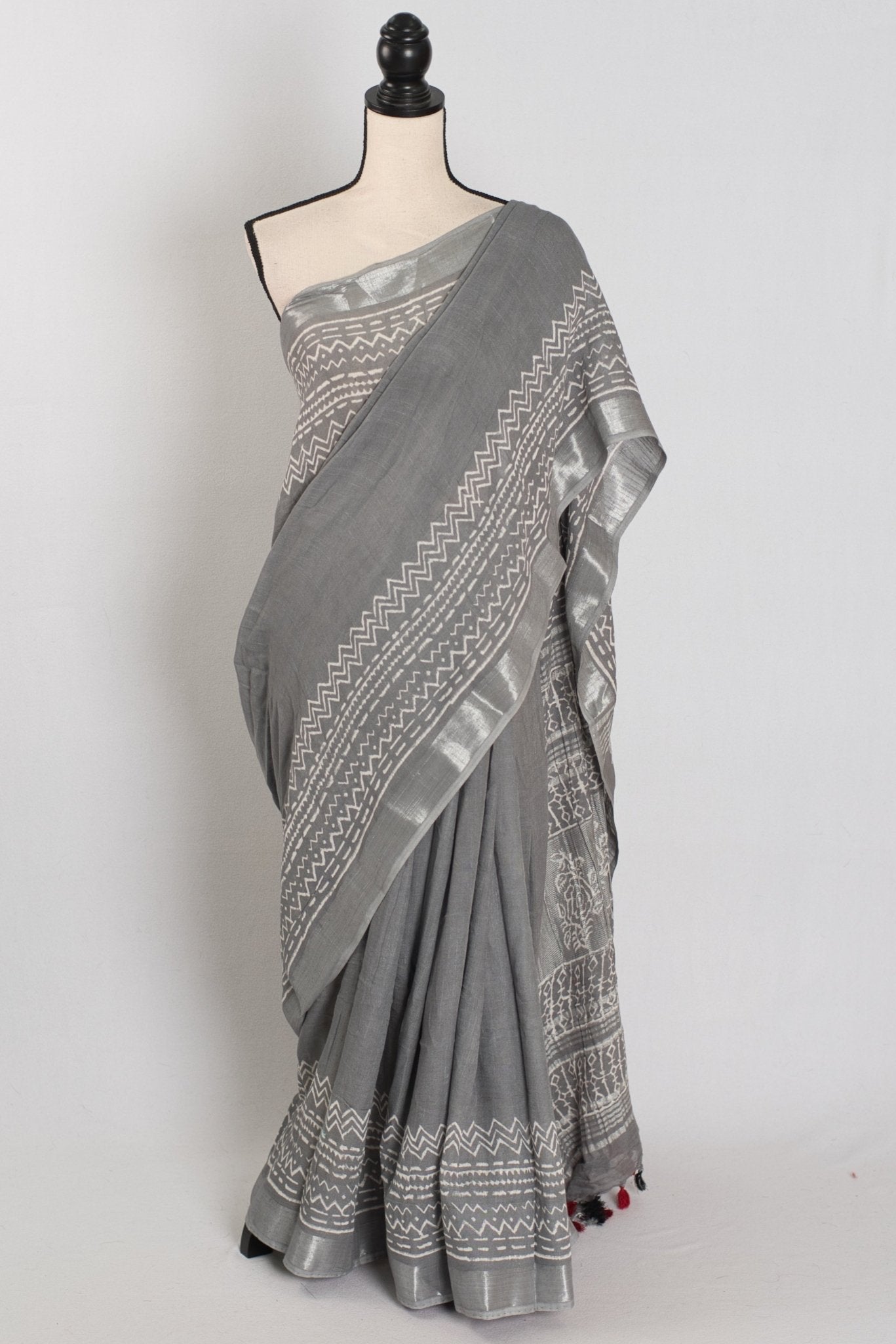 Snigdha: Grey and Silver Hand Block Printed Saree | Soft Linen Cotton - Saree Mandi