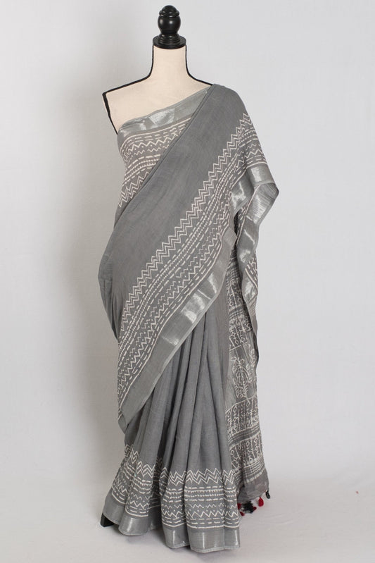 Snigdha: Grey and Silver Hand Block Printed Saree | Soft Linen Cotton - Saree Mandi