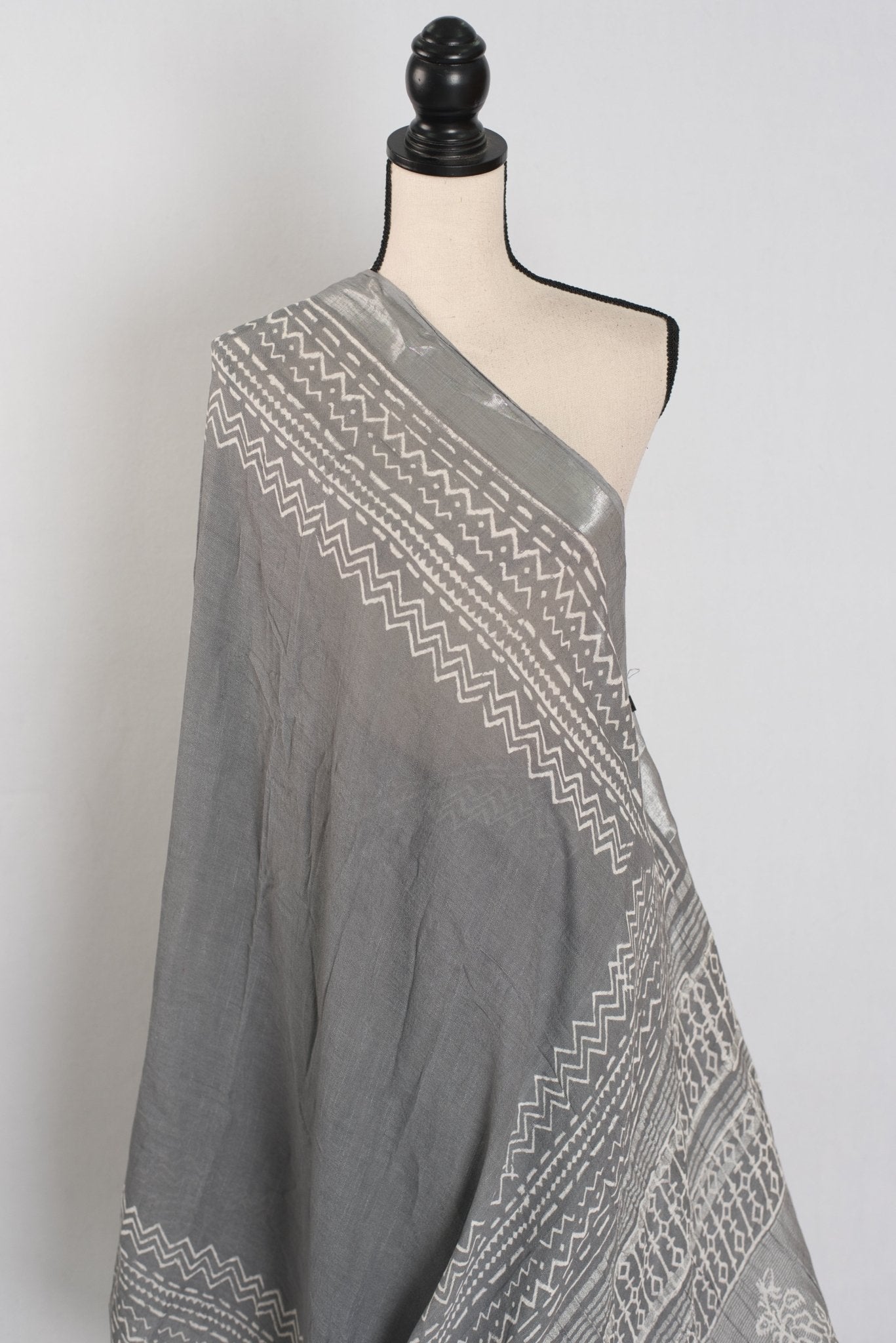 Snigdha: Grey and Silver Hand Block Printed Saree | Soft Linen Cotton - Saree Mandi