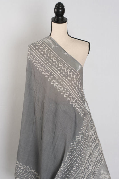 Snigdha: Grey and Silver Hand Block Printed Saree | Soft Linen Cotton - Saree Mandi