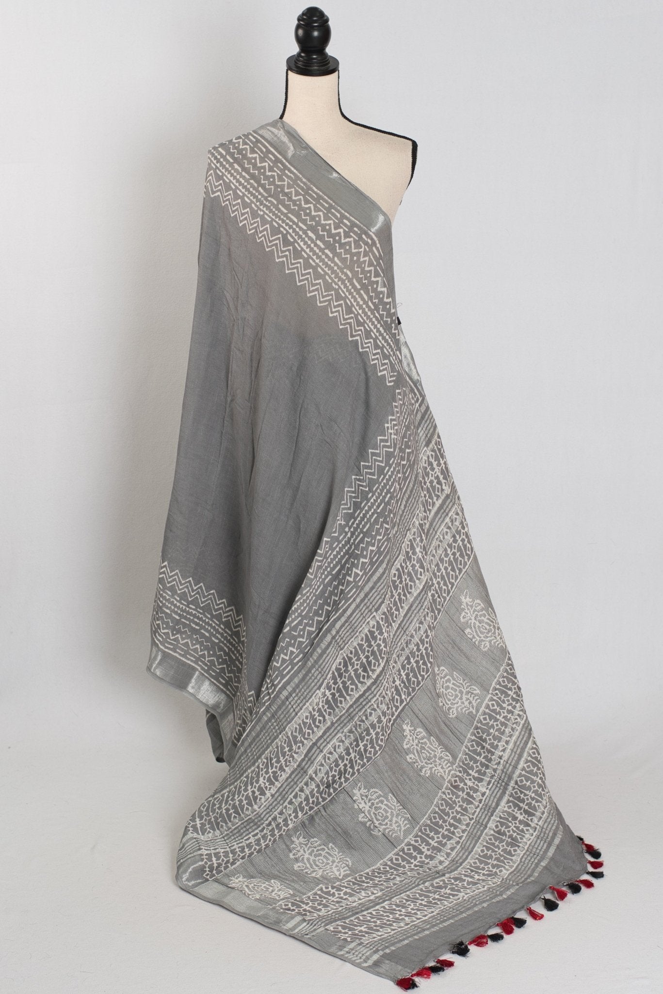 Snigdha: Grey and Silver Hand Block Printed Saree | Soft Linen Cotton - Saree Mandi