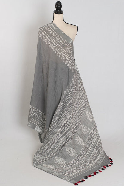 Snigdha: Grey and Silver Hand Block Printed Saree | Soft Linen Cotton - Saree Mandi