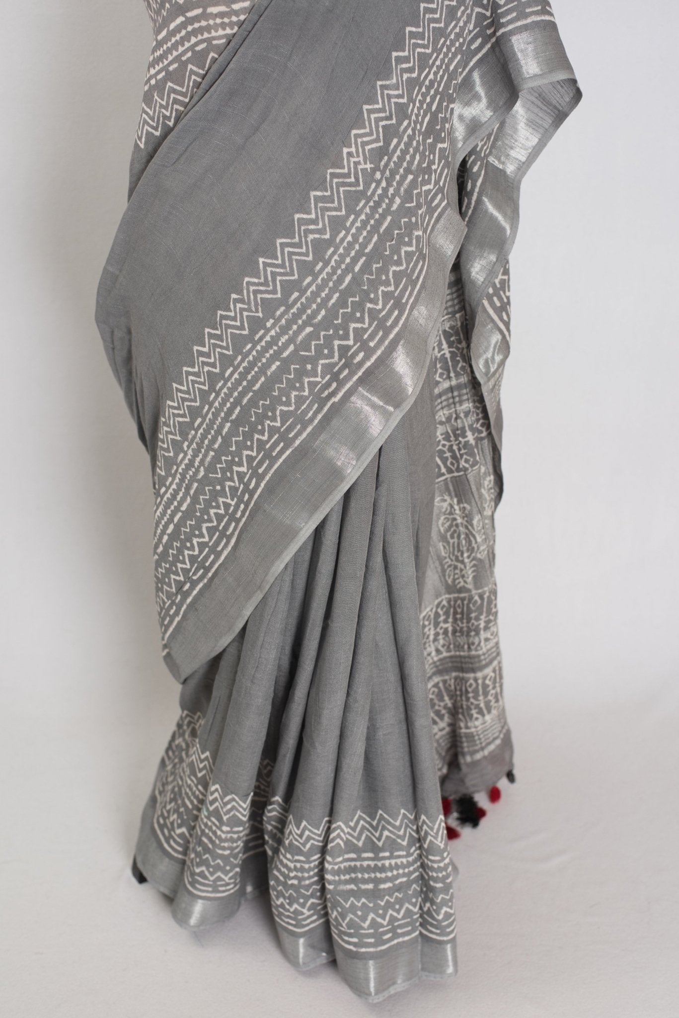 Snigdha: Grey and Silver Hand Block Printed Saree | Soft Linen Cotton - Saree Mandi