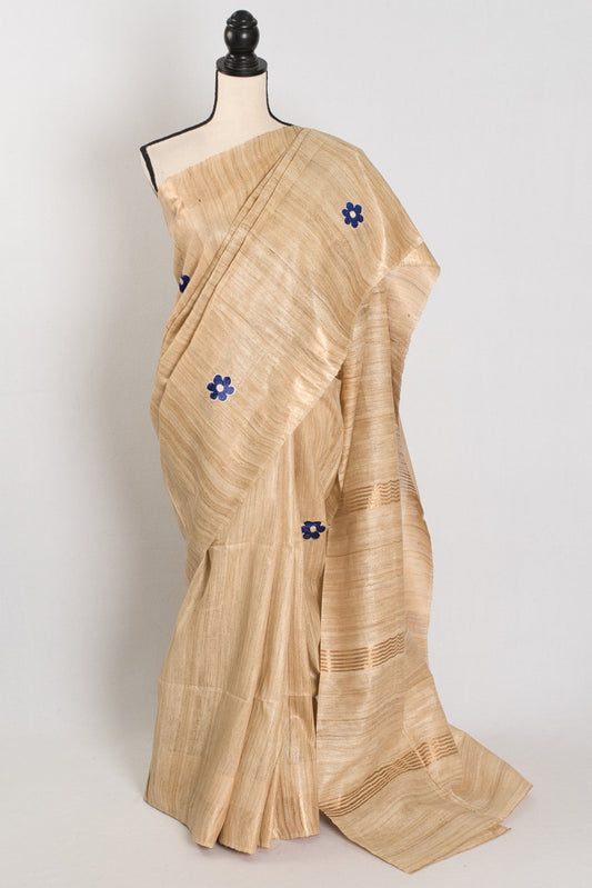 Sohini: Beige Gicha Tussar Saree | Floral Embroidery | Contemporary Handloom - Saree Mandi