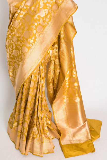 Sona: Silk Mark Certified Golden Yellow and Gold Bridal Banarasi Silk Saree - Saree Mandi