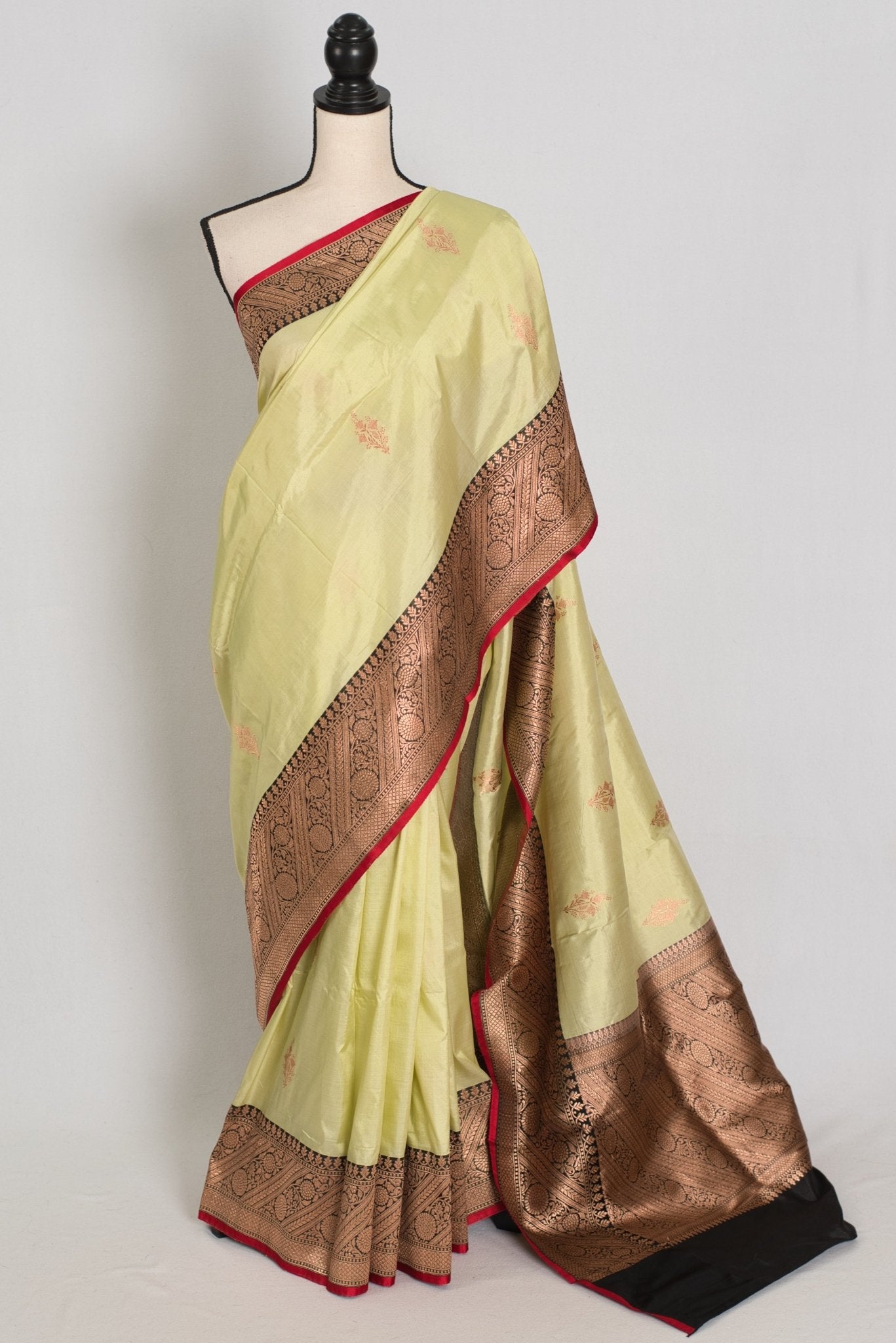 Sree: Silk Mark Certified Lime Green Katan Banarasi Silk Saree - Saree Mandi