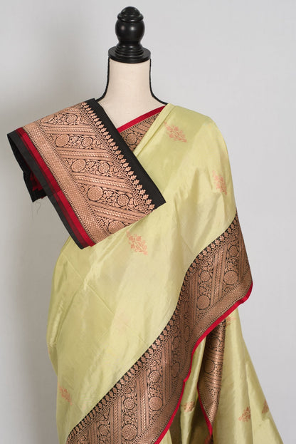 Sree: Silk Mark Certified Lime Green Katan Banarasi Silk Saree - Saree Mandi