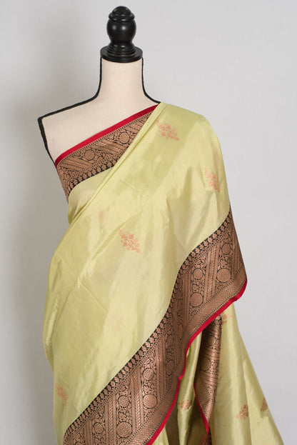 Sree: Silk Mark Certified Lime Green Katan Banarasi Silk Saree - Saree Mandi