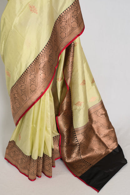 Sree: Silk Mark Certified Lime Green Katan Banarasi Silk Saree - Saree Mandi
