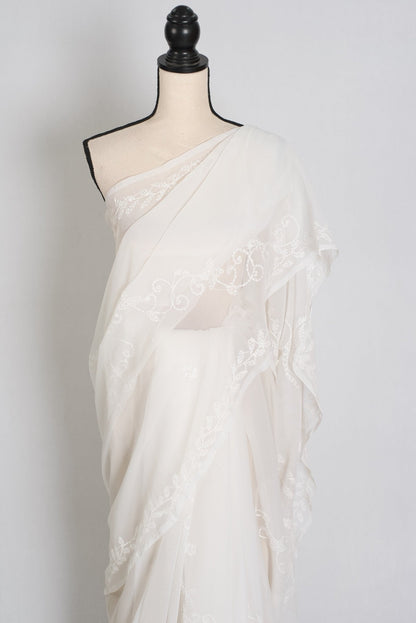 Subha : Off - White Lucknow Chikankari Hand Embroidery Georgette Saree - Saree Mandi